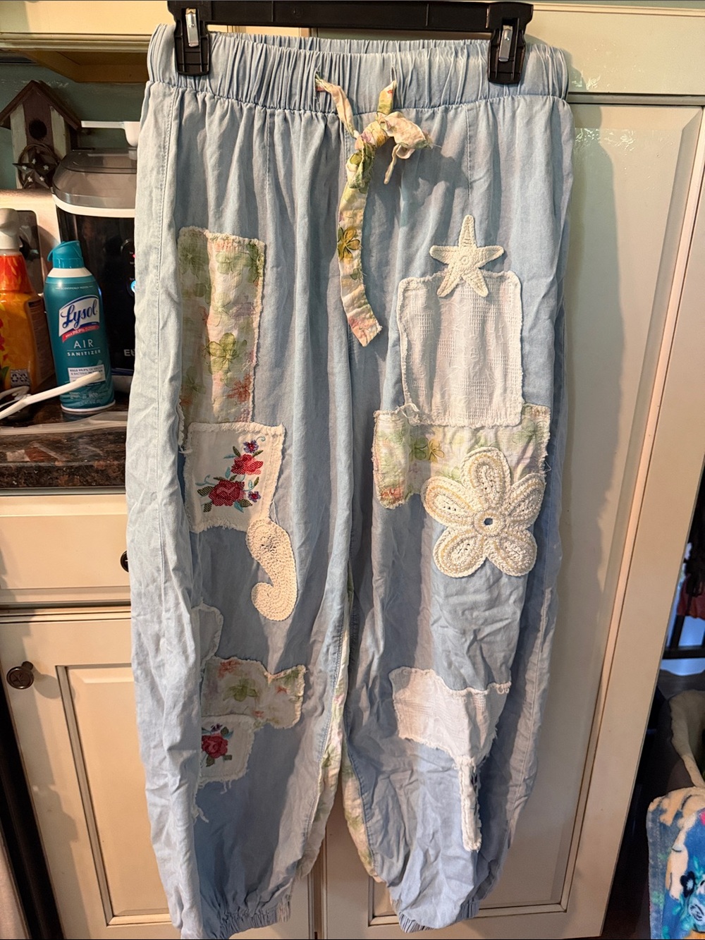 POL Light Blue Patchwork Joggers with Floral Appliqués